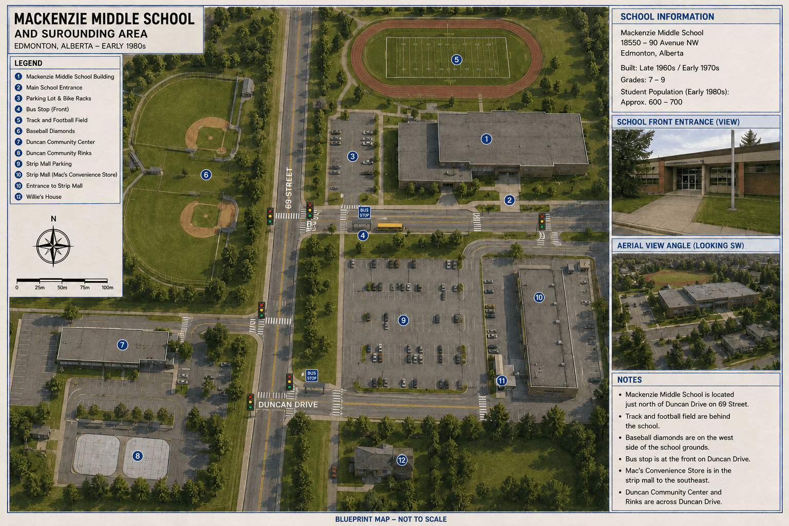 Concept art of Mackenzie Middle and its surrounding neighbourhood
